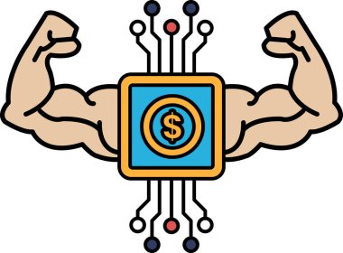 Göğsünde dolar işareti olan kaslı bir adam. Dolar işareti bir sürü kablo ve devrelerle çevrili. Güç ve güç kavramının yanı sıra teknolojinin önemi