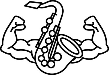 Kolları havada ve elinde saksafon olan bir adamın siyah beyaz çizimi.