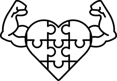 Kolları havada ve kalbi yapboz parçalarından yapılmış bir adamın siyah beyaz çizimi.