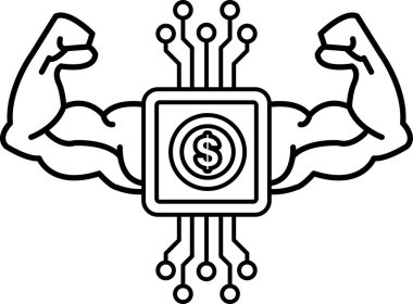 Kolları havada ve göğsünde bir dolar işareti olan bir adam. Dolar işareti bir sürü kabloyla çevrili.