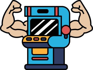 Kaslı kollu bir adamın video oyunu kumandasını tutarken çekilmiş bir karikatür. Güç ve güç kavramının yanı sıra eğlenceli ve ilgi çekici bir aktivite fikri.