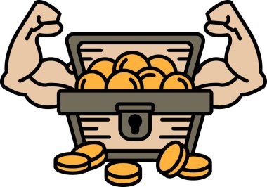 Kasları şişmiş bir adam bir sandık dolusu altın para tutuyor. Güç ve zenginlik kavramı