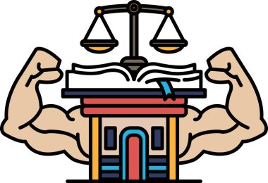 Kaslı bir adam, güç ve güç hissi yaratmak için kolları açık bir şekilde bir binanın tepesinde kitap tutuyor. Binanın kendisi birkaç penceresi ve kapısı olan basit bir tasarım.