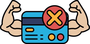 Şişkin kaslı bir adam üzerinde X olan bir kredi kartı tutuyor. Güç ve güç kavramının yanı sıra kartı kullanmaya karşı bir uyarı.