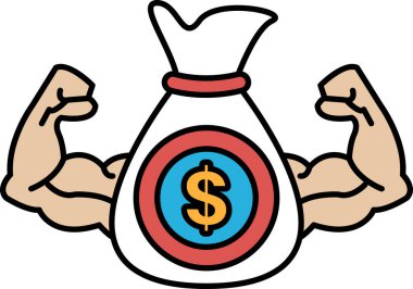 Göğsünde para çantası olan bir adamın karikatürü. Para, bir dolar işareti biçiminde. Adamın kolları geniş, güç ve güç izlenimi veriyor.