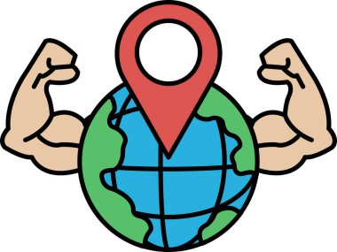 Kolları havada ve küreye kırmızı bir iğne takmış bir adamın karikatürü. Dünya yeşil ve mavi.