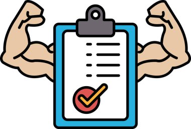 Şişkin kasları olan bir adam üzerinde kontrol işareti olan bir pano tutuyor. Güç ve başarı kavramı, adamın kasları esnek.