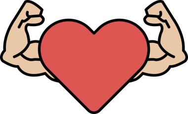 Pazularında kırmızı kalp olan bir adamın karikatür çizimi. Bu çizimin amacı güç ve sevgi fikrini aktarmak.