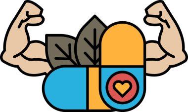 Üzerinde kalp olan bir hapı tutan kaslı kollu bir adamın karikatürü. Hap mavi ve sarı.