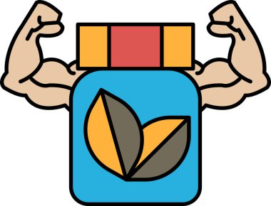 Şişkin kasları olan bir adamın elinde bir kavanoz hap tutan bir karikatürü. Kavanozda 