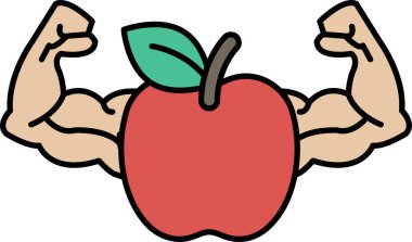 Elma tutan kaslı bir adamın karikatürü. Elma kırmızıdır ve üzerinde yeşil bir yaprak vardır. Güç ve sağlık kavramı, erkeğin kasları ve elması fiziksel uygunluğu sembolize eder.