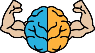 Üzerinde kaslı bir adamın kolları olan bir beyin karikatürü. Beyin ikiye bölünür, biri mavi ve biri turuncu. Güç ve zeka kavramı