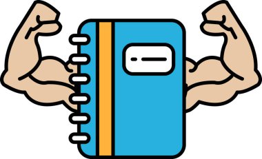 Kolları havada bir adam mavi spiral bir defter tutuyor. Defter üzerinde 