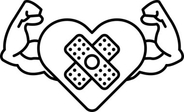 Üzerinde bandaj olan siyah beyaz bir kalp çizimi. Kalp bir çift pazı kasıyla çevrilidir. Çizim, iyileşme ve güç fikrini aktarıyor.