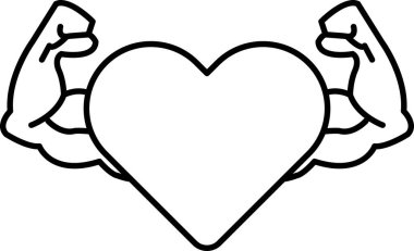 İki tarafında iki pazı kası olan bir kalbin siyah beyaz çizimi. Kalp kaslarla çevrilidir, güçlü ve güçlü bir görünüm verir.