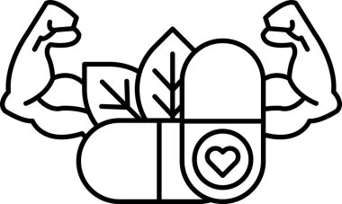 Şişkin kasları ve kalbi olan bir adamın siyah beyaz çizimi. Üzerinde kalp olan bir hapın çizimi.