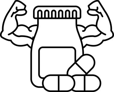 Üzerinde bir adamın kolları olan bir ilaç şişesi gösteriliyor. Güç ve güç kavramı, sanki haplar enerji ve canlılık kaynağıymış gibi.