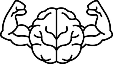 Bir beyin ve pazı kaslarının siyah beyaz çizimi. Beyin, güç ve güç izlenimi veren pazı kaslarıyla çevrilidir. Zihinsel gücün önemi kavramı