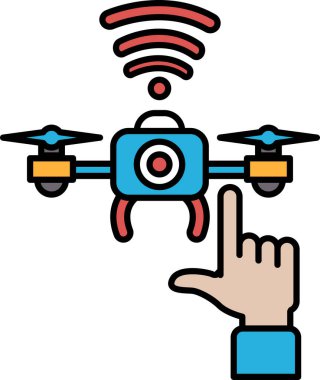 Üzerinde kamera olan mavi bir dronu işaret eden bir el. İnsansız hava aracı kablosuz ağ ile donatılmıştır ve kalkışa hazırdır.