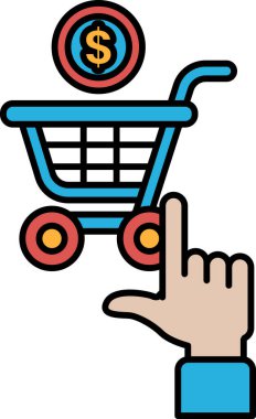Üzerinde dolar işareti olan bir alışveriş arabasını işaret eden bir el. Alışveriş ve para harcama kavramı