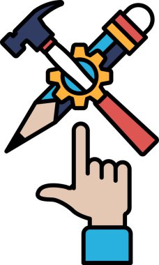 Çekici, kalemi ve anahtarı gösteren bir el. Bir şey yaratmak veya düzeltmek için araç kullanma kavramı