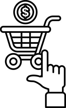 Üzerinde dolar işareti olan bir alışveriş arabasını işaret eden bir el. Alışveriş ve para harcama kavramı