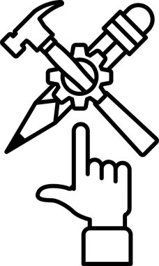 Siyah beyaz bir çekiç, kalem ve İngiliz anahtarı çizimi. Görüntü ingiliz anahtarını gösteren bir elin resmi.