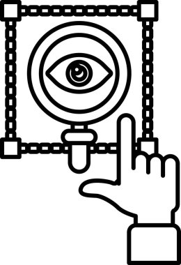Gözü işaret eden siyah beyaz bir el resmi. Göz bir çerçeve ile çevrilidir ve o büyütülür. Merak ve merak kavramı