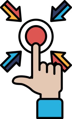 Farklı yönleri gösteren okları olan kırmızı bir düğmeye bakan bir el. Herhangi bir yöne tıklatılabilen bir düğme kavramı