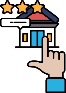 Üzerinde üç yıldız olan bir binayı gösteren bir el. Bina bir otel. El, oteli gösteriyor. Kalmak için iyi bir yer olduğunu gösteriyor.