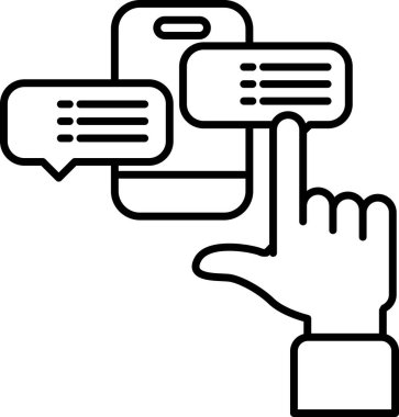 Sohbet penceresi açık bir cep telefonunu işaret eden bir el. Teknoloji aracılığıyla iletişim ve bağlantı kavramı