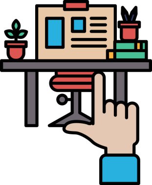 Bir el, sandalyeli ve kitaplıklı bir masayı işaret ediyor. Masada bir bitki, bir kitap ve bir bilgisayar var. Verimlilik ve organizasyon kavramı