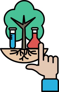 Laboratuvarı ve bir şişe sıvısı olan bir ağacı işaret eden bir el. Bilim ve doğa kavramı bir araya geliyor.