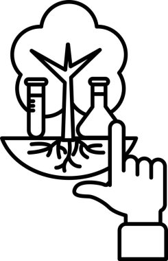 Laboratuvarı ve şişesi olan bir ağacın resmini gösteren bir el. Çizim siyah ve beyaz.