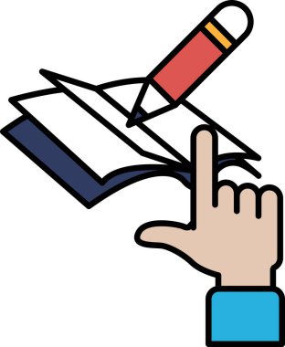 Bir kitabın üstünde bir kalem ve onu işaret eden bir parmak vardır. Kalem kırmızı ve kitap beyaz.