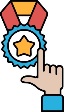 Kırmızı kurdeleli altın yıldızı gösteren bir el. El beyaz arka planda.