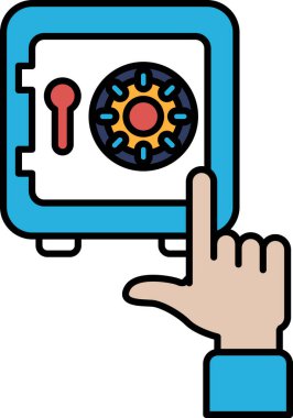 Bir el kırmızı düğmeli mavi ve kırmızı bir kasayı gösteriyor. Kasa muhtemelen değerli eşyaları ya da önemli belgeleri saklamak için kullanılıyor. Mavi ve kırmızı renkler kasaya klasik bir renk veriyor.