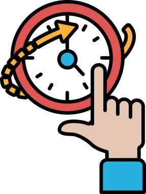 Elleri 1 ve 5 numaraların üzerinde olan saati gösteren bir el. Saat kırmızı ve beyaz.