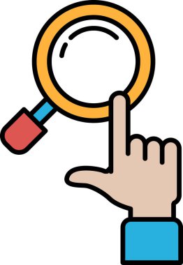 Bir el, turuncu renkli bir büyütece işaret ediyor. El, büyüteçin ortasına yerleştirilir ve büyüteç de görüntünün ana odak noktasıdır.