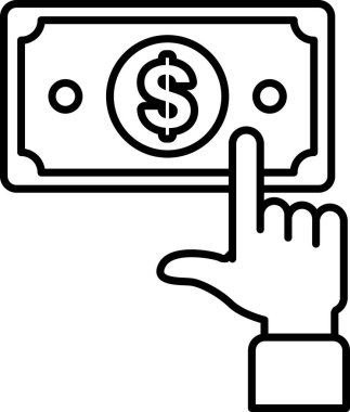 Dolar banknotunu işaret eden bir el. Dolar banknotu beyaz arka planda.