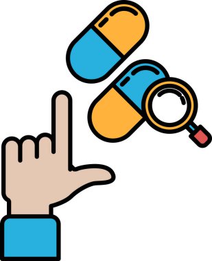 İlaç şişesini büyüteçle gösteren bir el. İlaç şişesi mavi ve sarı.