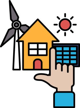 Bir el bir evi ve hesap makinesini işaret ediyor. Ev sarı ve hesap makinesi mavi.