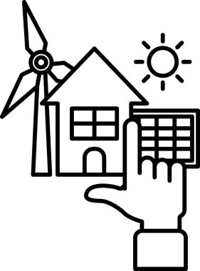 Bir el bir evi ve yel değirmenini gösteriyor. Ev yel değirmeniyle çevrili ve güneş evin üzerinde parlıyor.