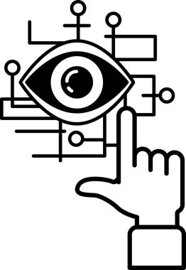 Gözü işaret eden siyah beyaz bir el resmi. Göz, geleceksel ve teknolojik bir his veren çizgiler ve noktalar ağıyla çevrilidir.