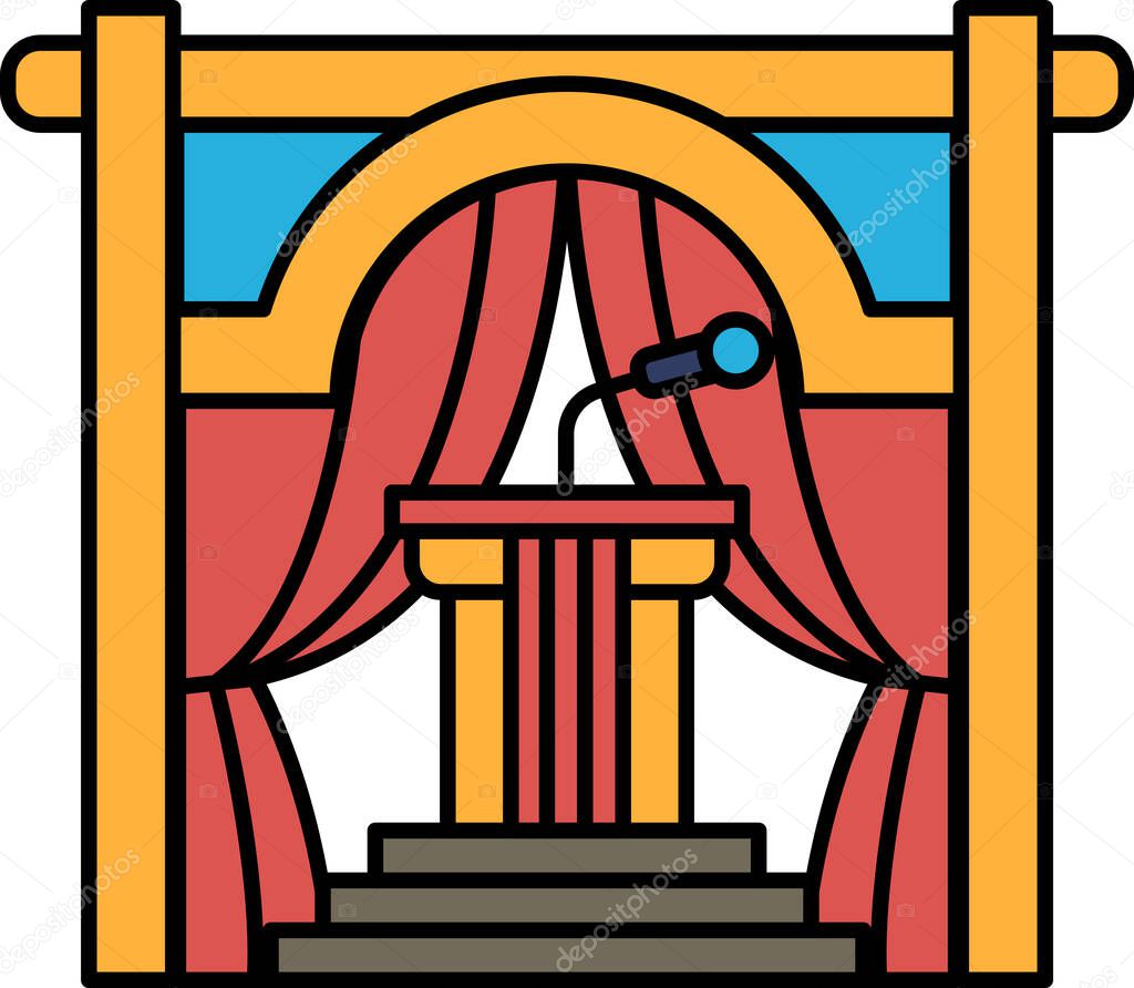 A stage with a microphone and curtains. The curtains are red and orange. The stage is set for a performance
