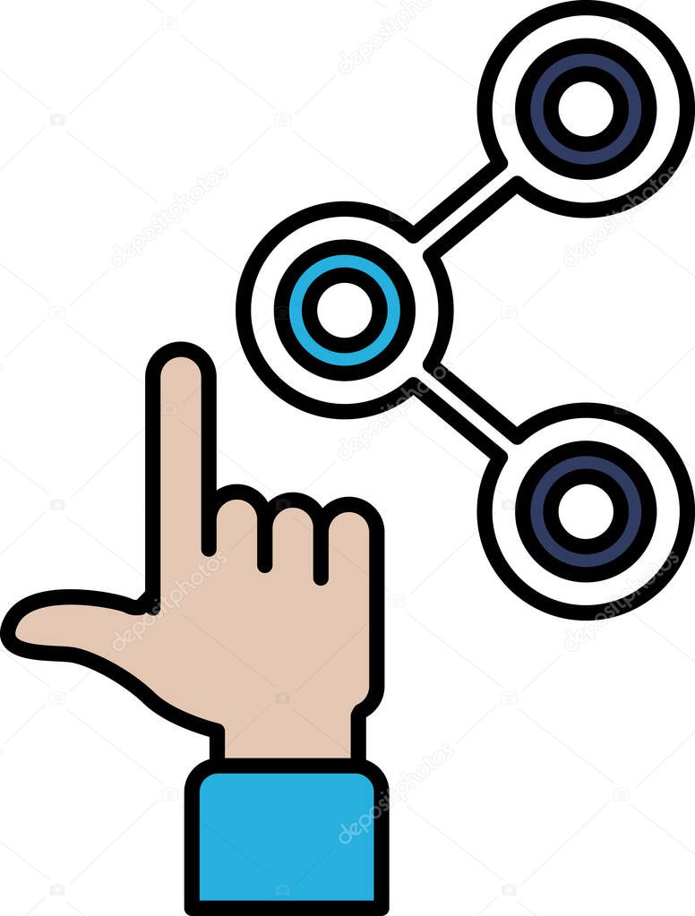A hand pointing to a blue circle with a white circle in the middle. The blue circle is surrounded by three white circles