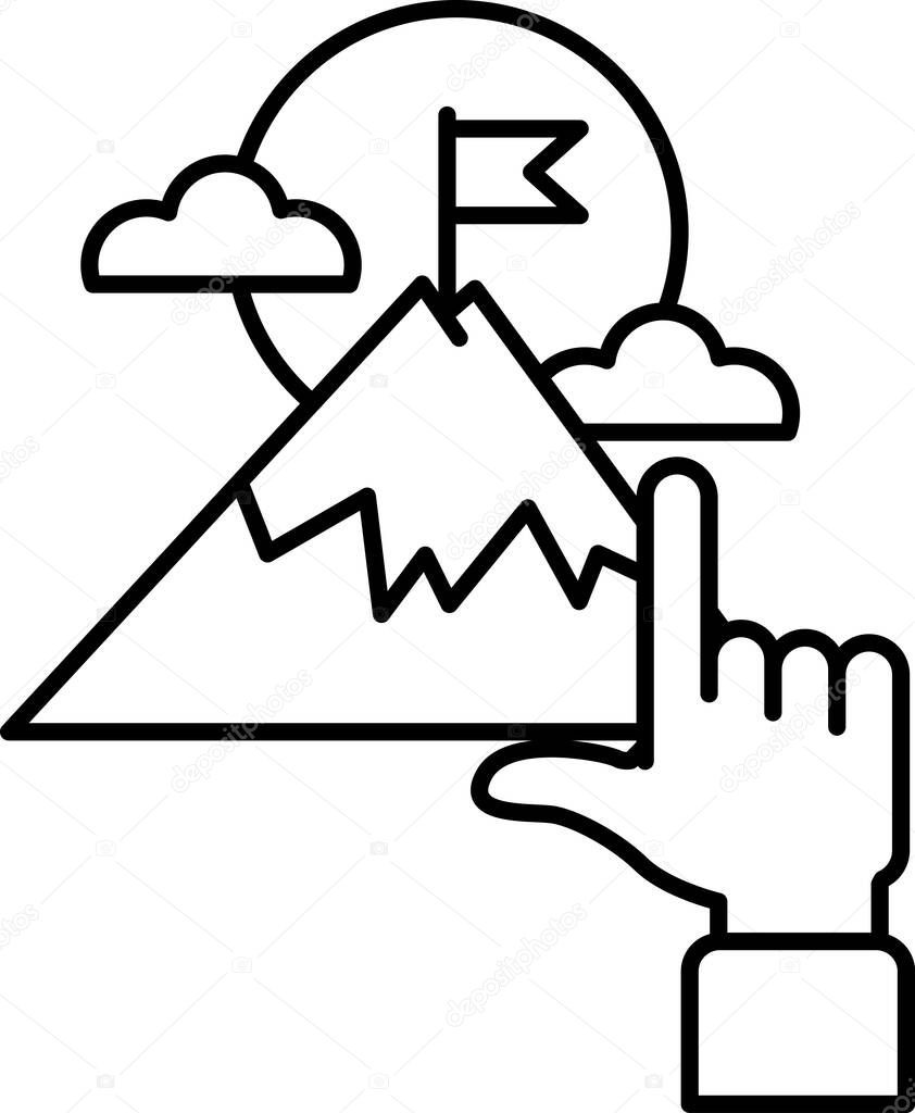 A mountain is shown with a flag on top and a hand pointing to it. Concept of overcoming challenges and reaching new heights