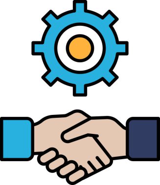 Beyaz arka planı olan mavi ve turuncu bir vites. Teçhizat iki elin titremesiyle çevrili. İşbirliği ve takım çalışması kavramı