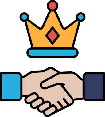 Tacı sallayan bir el. İki kişi arasındaki el sıkışma kavramı bir bağ ya da anlaşmayı sembolize eder. Taç bir otorite ya da güç hissini temsil eder.