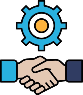 Ortasında el sıkışma sembolü olan mavi ve turuncu bir vites. Teçhizat bir iş ortaklığının sembolü.